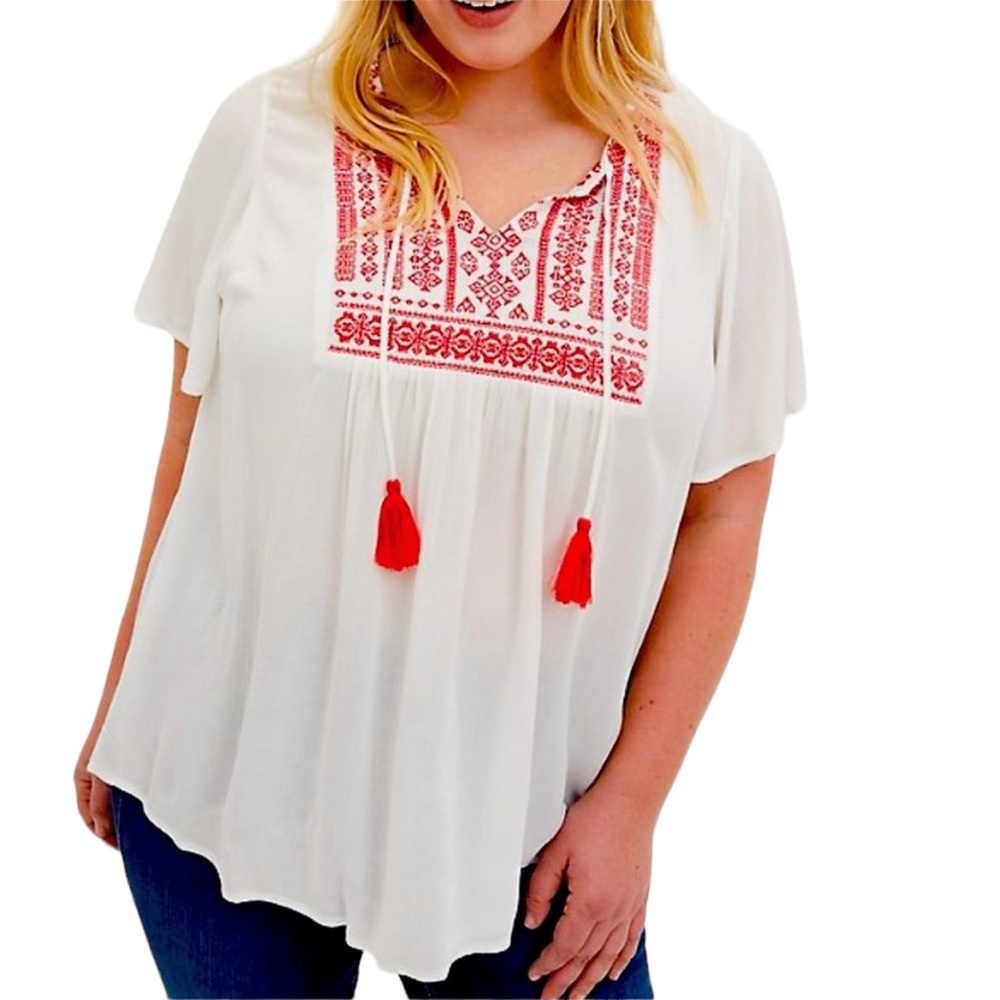 Torrid Flutter Sleeve Top Embroidered Tassel Ties Size 4